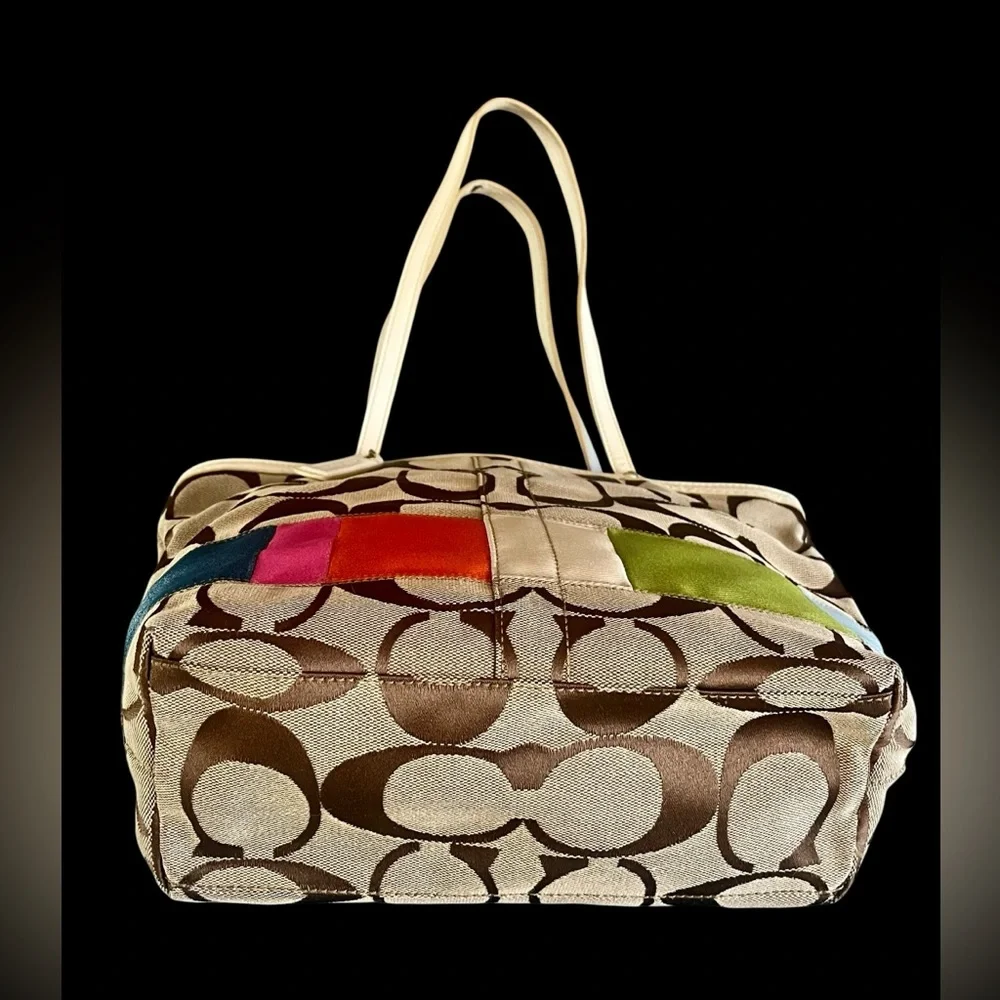 Vintage Coach Brown Signature Canvas Tote with Multicolor Accent Panels